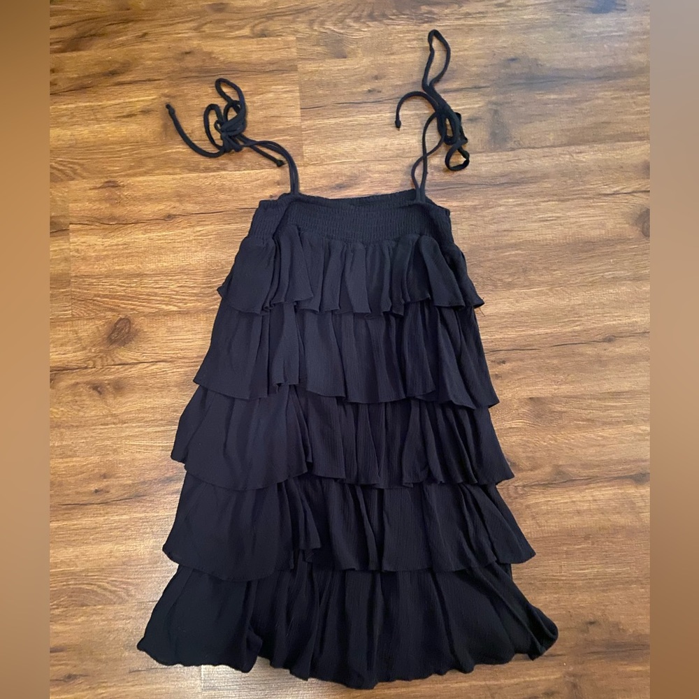 Black ruffle sleeveless tie shoulder dress